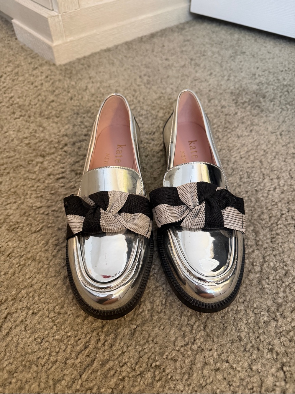 Kate Spade Silver Chrome Metallic Loafers with Black & Beige Bow